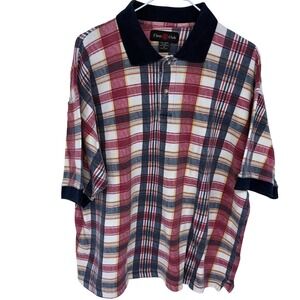 Vintage Fleet Club Plaid Polo Shirt XL Mens Ringer Navy Red White Yellow Vtg 90s